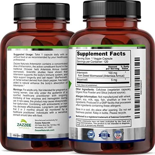 Zazzee High Absorption Artemisinin, 100 mg per Capsule, 120 Vegan Capsules, with 5 mg - TrustMedUSA