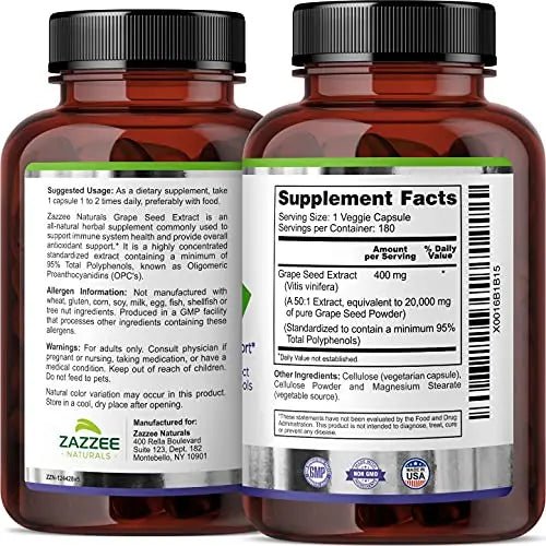 Zazzee High Strength Grape Seed 50:1 Extract, 20,000 mg Strength, 180 Vegan Capsules - TrustMedUSA
