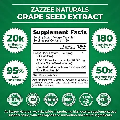 Zazzee High Strength Grape Seed 50:1 Extract, 20,000 mg Strength, 180 Vegan Capsules - TrustMedUSA