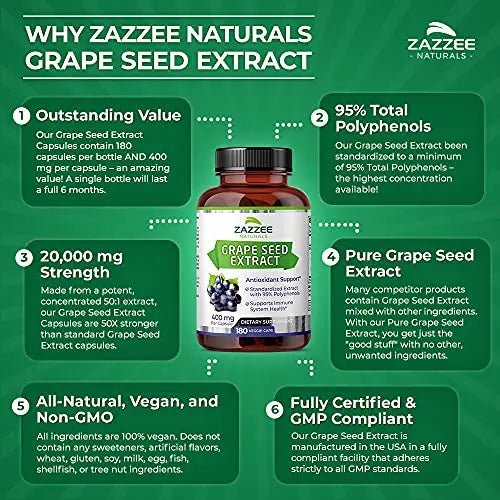 Zazzee High Strength Grape Seed 50:1 Extract, 20,000 mg Strength, 180 Vegan Capsules - TrustMedUSA