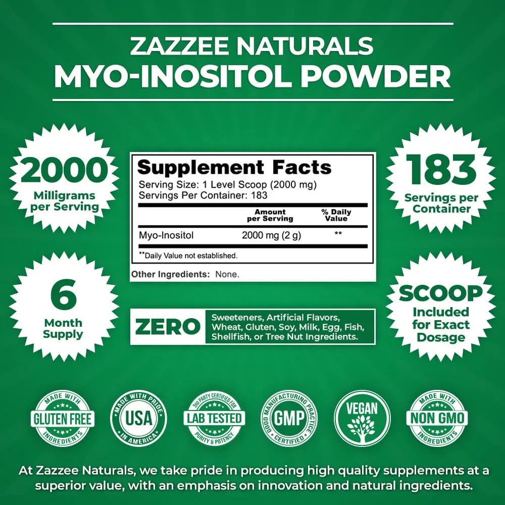Zazzee Myo-Inositol Powder, 6 Month Supply, 183 Servings, 2000 mg per Serving - TrustMedUSA