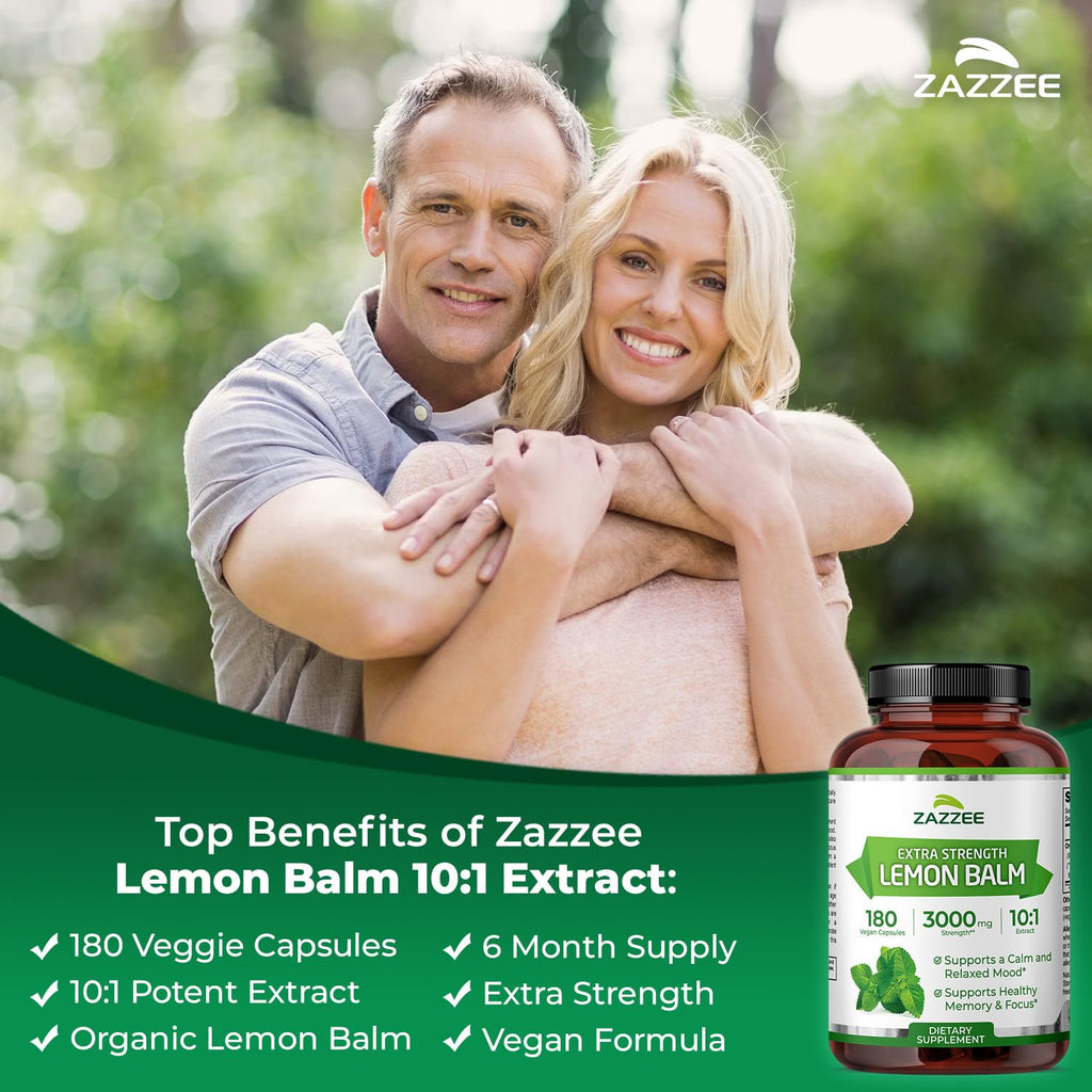 Zazzee Organic Lemon Balm 10:1 Extract, 180 Vegan Capsules, 6 Month Supply, Melissa Officinalis, Calm, Mood, Stress & Relaxation Support, Herbal Supplement, All-Natural, Non-GMO, Made in the USA - TrustMedUSA