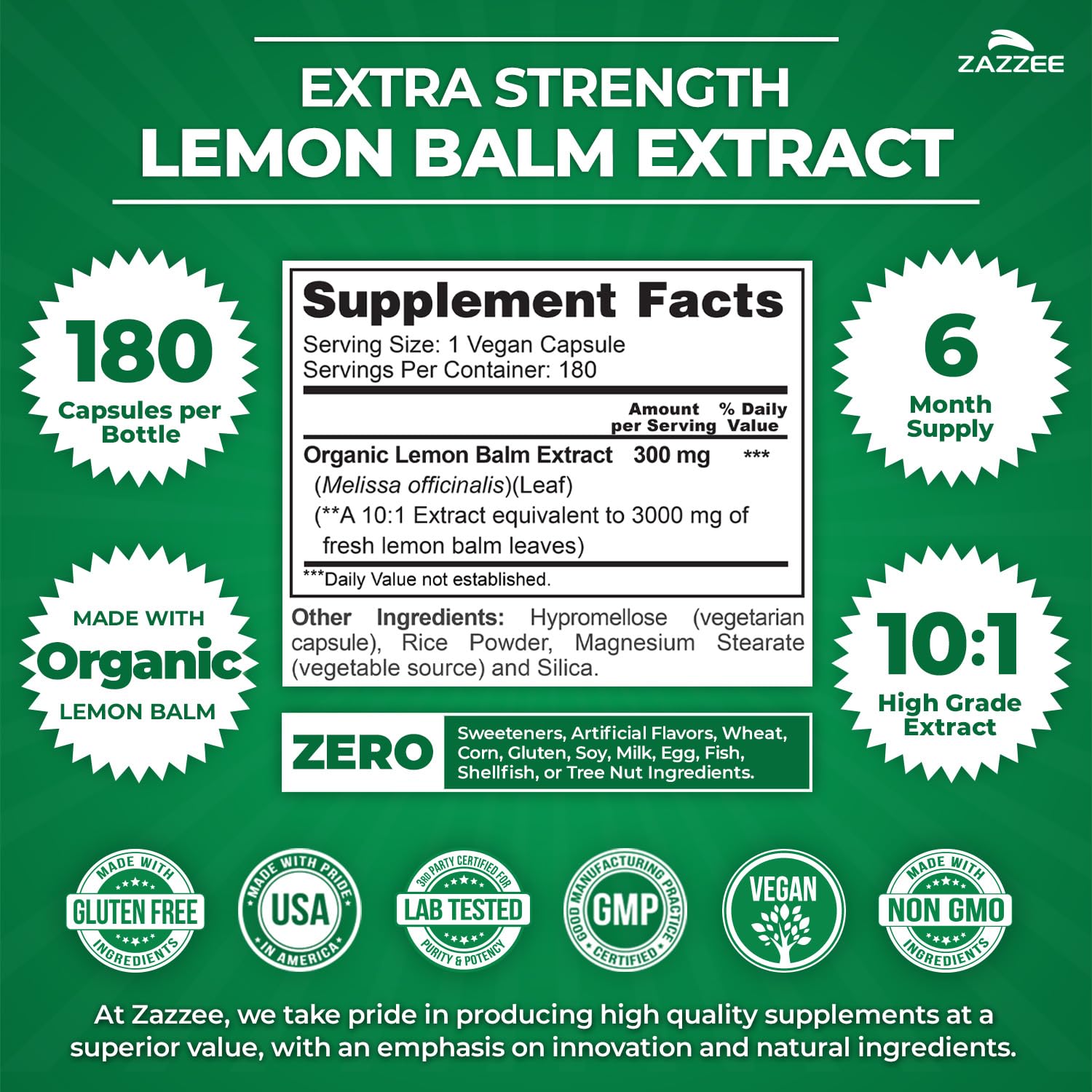 Zazzee Organic Lemon Balm 10:1 Extract, 180 Vegan Capsules, 6 Month Supply, Melissa Officinalis, Calm, Mood, Stress & Relaxation Support, Herbal Supplement, All-Natural, Non-GMO, Made in the USA - TrustMedUSA