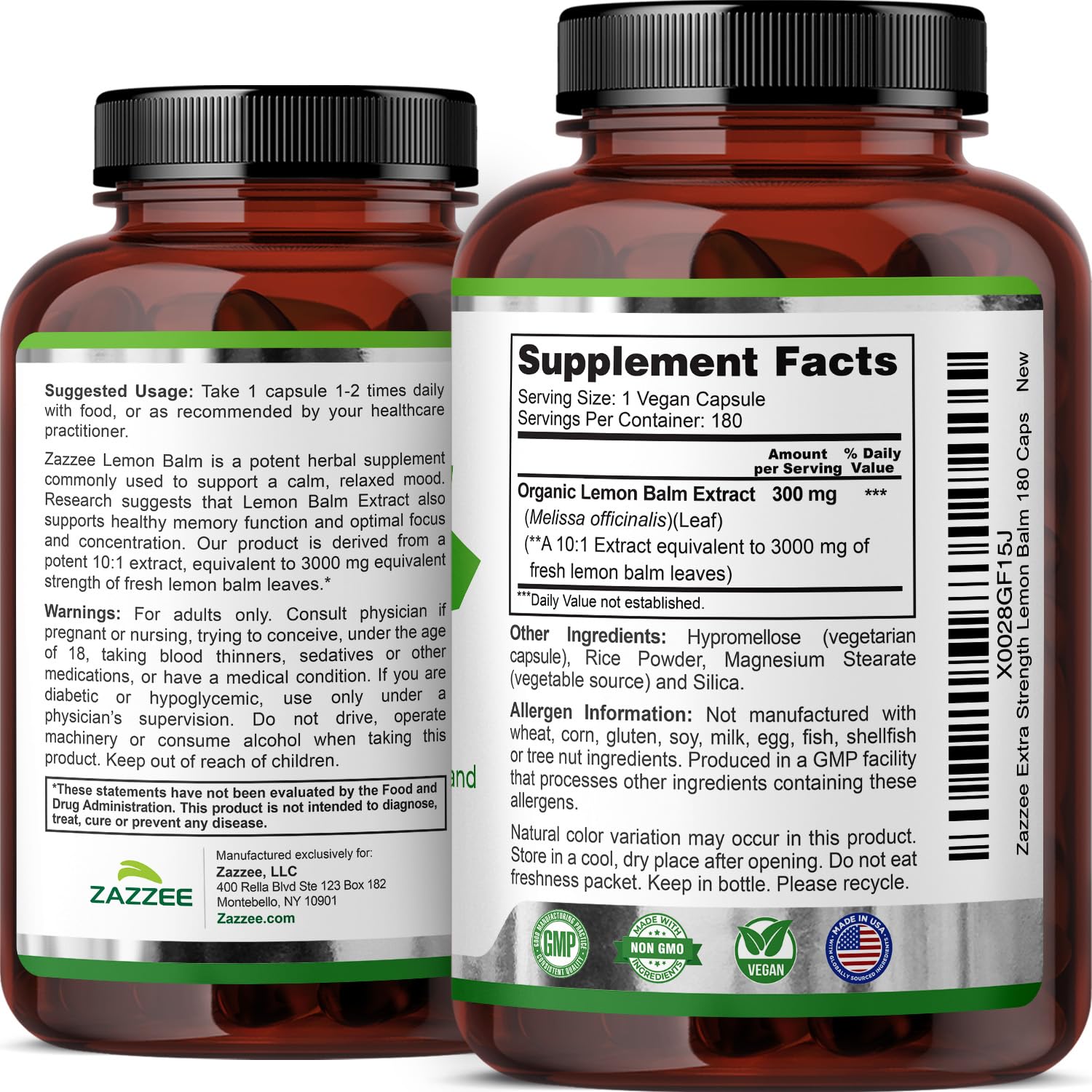 Zazzee Organic Lemon Balm 10:1 Extract, 180 Vegan Capsules, 6 Month Supply, Melissa Officinalis, Calm, Mood, Stress & Relaxation Support, Herbal Supplement, All-Natural, Non-GMO, Made in the USA - TrustMedUSA
