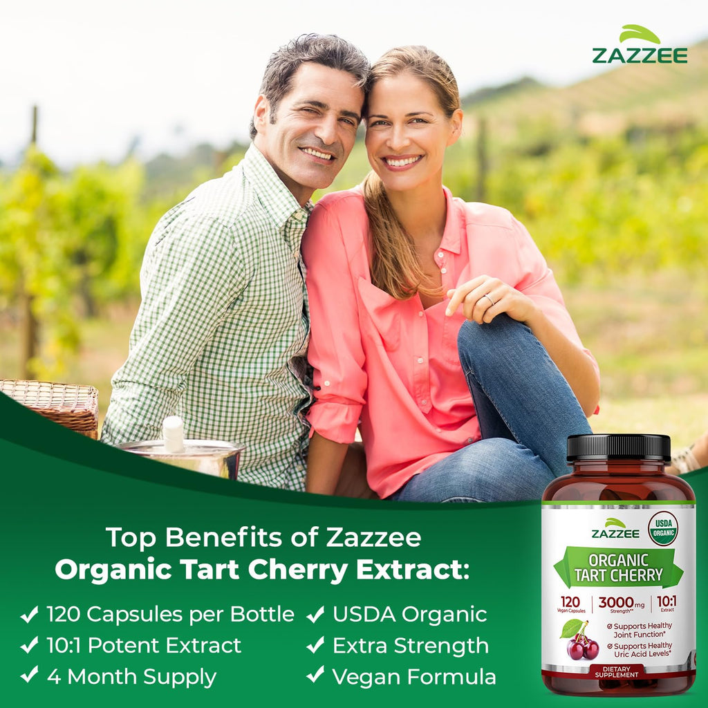 Zazzee USDA Organic Tart Cherry 10:1 Extract, 120 Vegan Capsules, 4 Month Supply, Montmorency Cherry, Daily Wellness Antioxidant Support, Organic Herbal Supplement, All-Natural, Non-GMO, Made in USA - TrustMedUSA