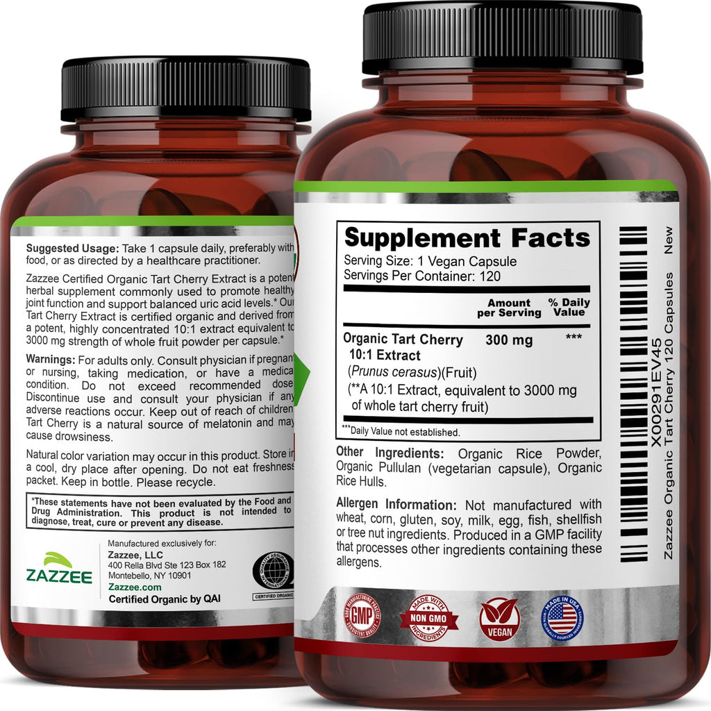 Zazzee USDA Organic Tart Cherry 10:1 Extract, 120 Vegan Capsules, 4 Month Supply, Montmorency Cherry, Daily Wellness Antioxidant Support, Organic Herbal Supplement, All-Natural, Non-GMO, Made in USA - TrustMedUSA