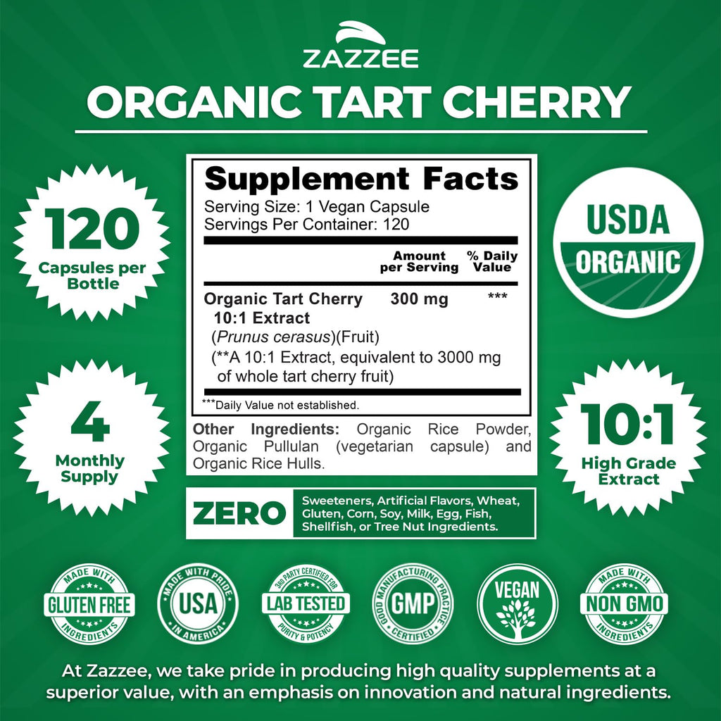 Zazzee USDA Organic Tart Cherry 10:1 Extract, 120 Vegan Capsules, 4 Month Supply, Montmorency Cherry, Daily Wellness Antioxidant Support, Organic Herbal Supplement, All-Natural, Non-GMO, Made in USA - TrustMedUSA