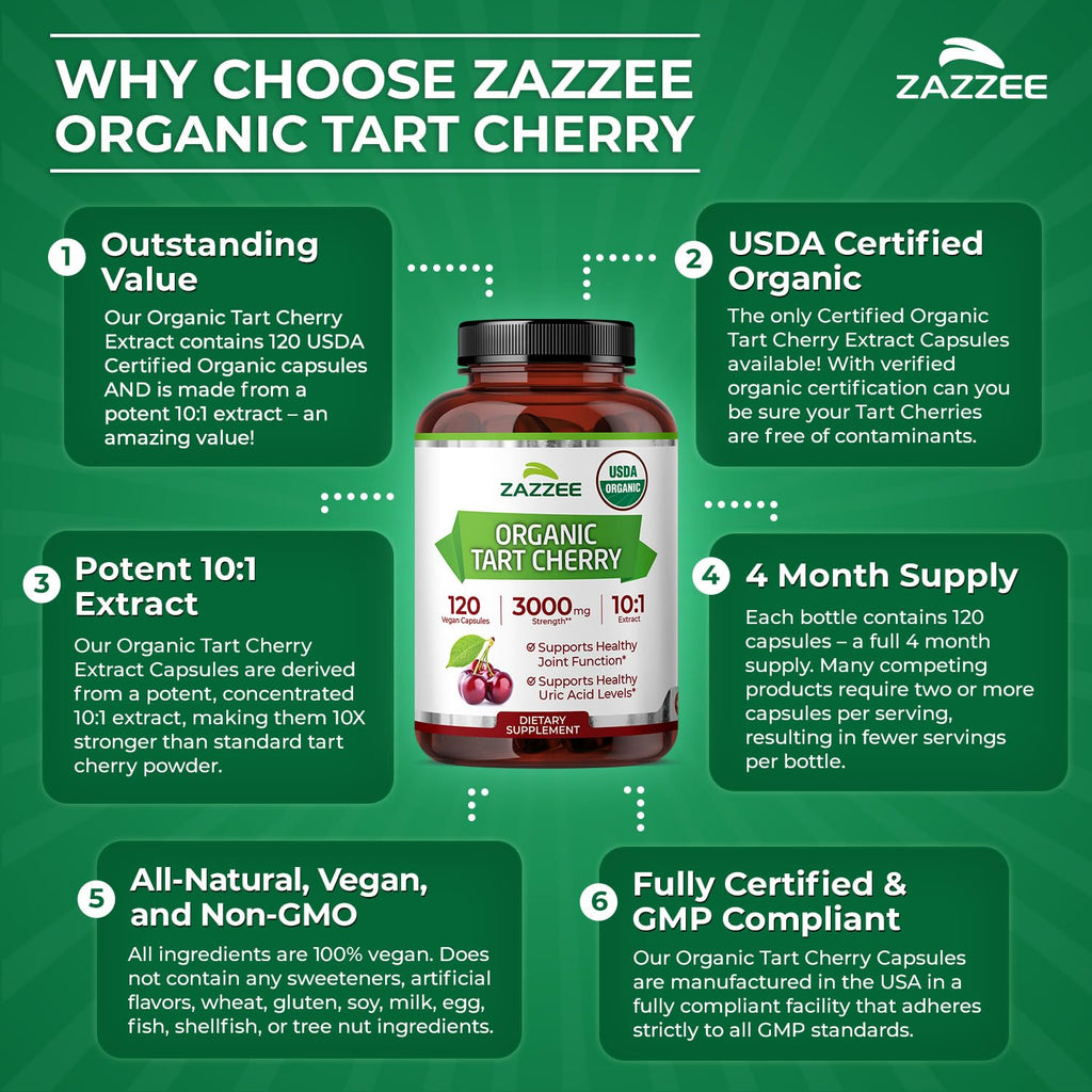 Zazzee USDA Organic Tart Cherry 10:1 Extract, 120 Vegan Capsules, 4 Month Supply, Montmorency Cherry, Daily Wellness Antioxidant Support, Organic Herbal Supplement, All-Natural, Non-GMO, Made in USA - TrustMedUSA