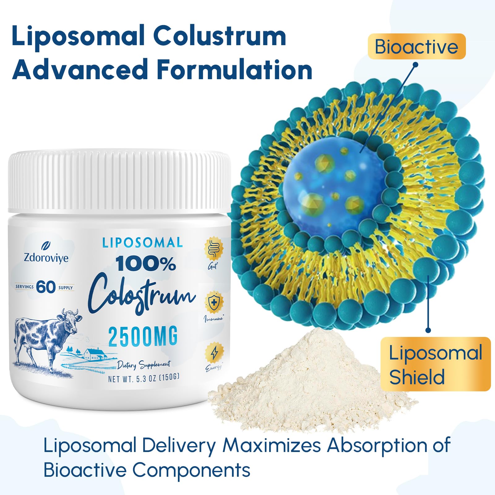 Zdoroviye Liposomal Bovine Colostrum Powder Supplement 2500 mg, Higher Absorption Than Regular Bovine Colostrum (60 Servings) - TrustMedUSA