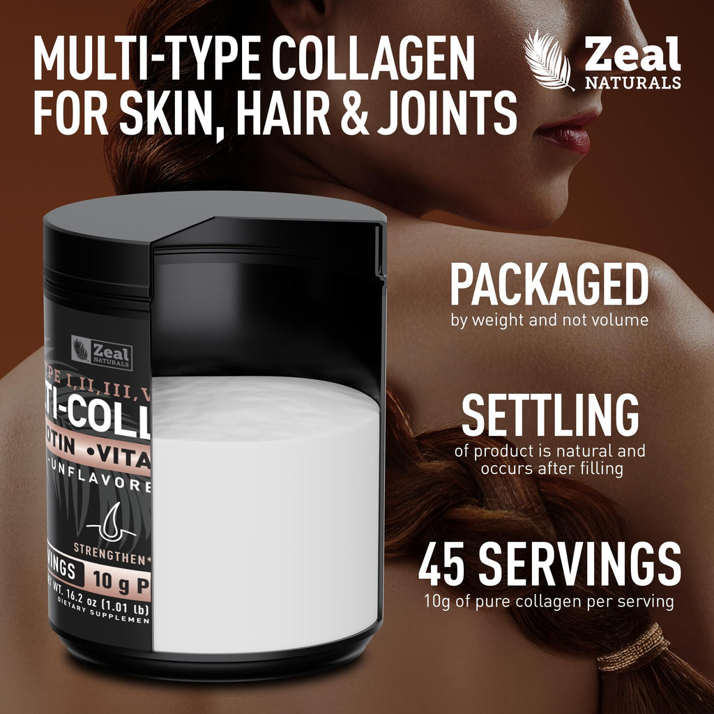 Zeal Naturals Multi Collagen Protein Peptides Powder Types I II III V X - Vitamin C, Biotin & Hyaluronic Acid - Hair, Skin & Nails - Marine, Bovine, Chicken & Eggshell - Unflavored, 45 Servings - Maple Wellness Supplements