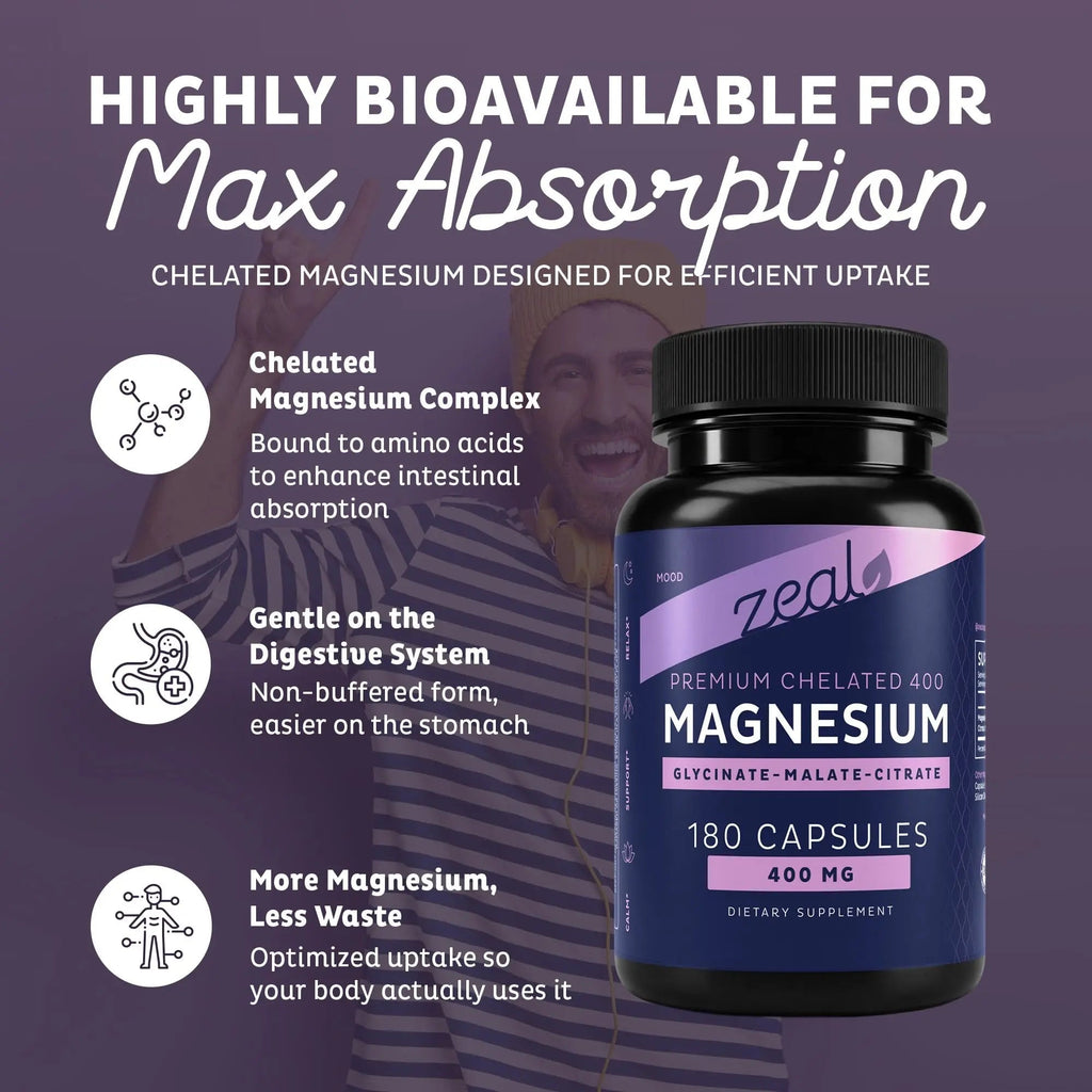 Zeal Naturals Triple Magnesium Complex Supplement - Glycinate, Malate, Citrate | 400mg, 180 Capsules | High Absorption Chelated Magnesium for Sleep, Mood, Muscle Recovery, Relaxation - TrustMedUSA