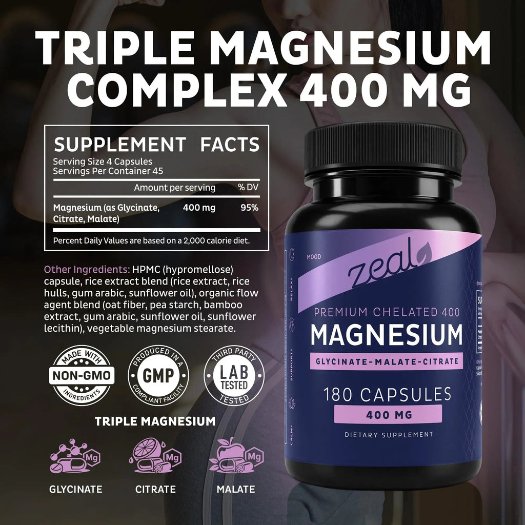 Zeal Naturals Triple Magnesium Complex Supplement - Glycinate, Malate, Citrate | 400mg, 180 Capsules | High Absorption Chelated Magnesium for Sleep, Mood, Muscle Recovery, Relaxation - TrustMedUSA