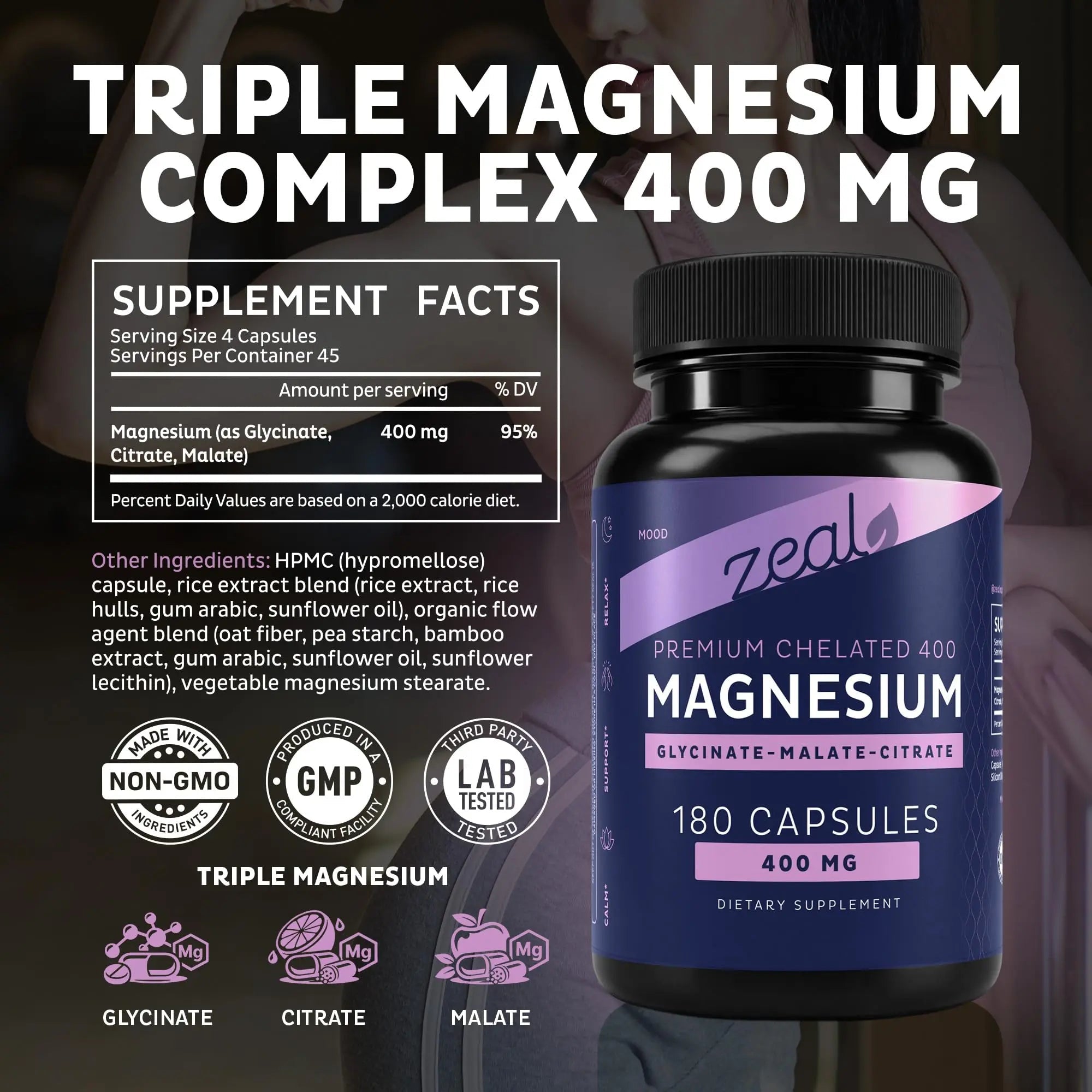 Zeal Naturals Triple Magnesium Complex Supplement - Glycinate, Malate, Citrate | 400mg, 180 Capsules | High Absorption Chelated Magnesium for Sleep, Mood, Muscle Recovery, Relaxation - TrustMedUSA