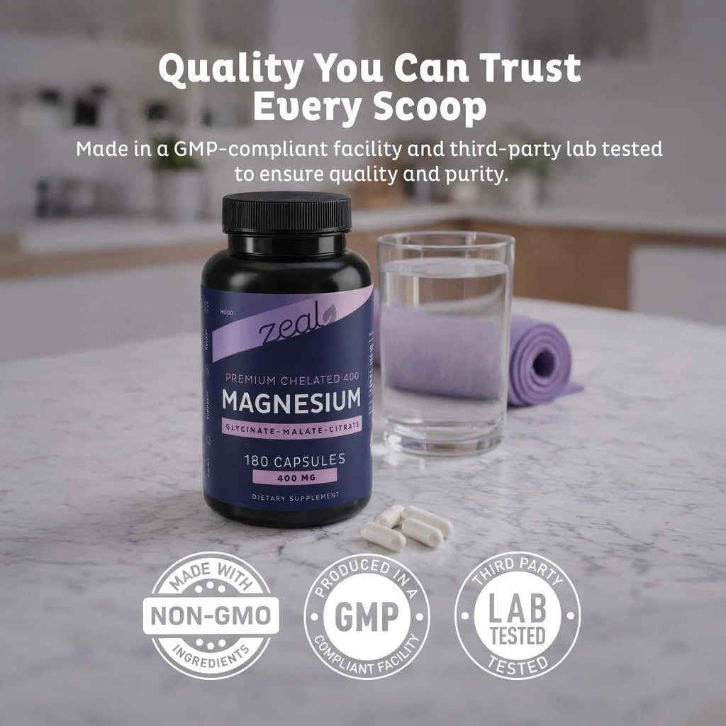 Zeal Naturals Triple Magnesium Complex Supplement - Glycinate, Malate, Citrate | 400mg, 180 Capsules | High Absorption Chelated Magnesium for Sleep, Mood, Muscle Recovery, Relaxation - TrustMedUSA