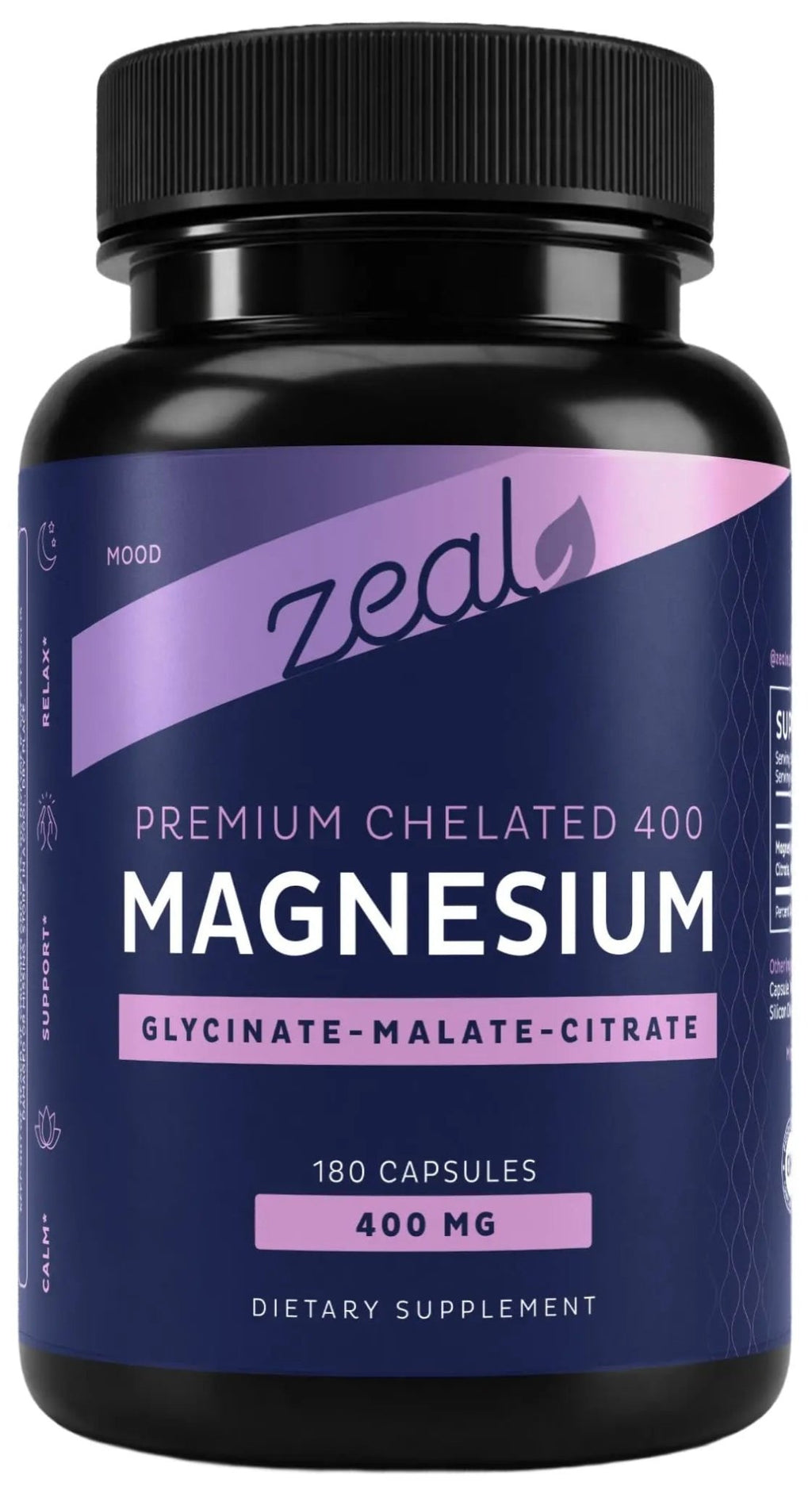 Zeal Naturals Triple Magnesium Complex Supplement - Glycinate, Malate, Citrate | 400mg, 180 Capsules | High Absorption Chelated Magnesium for Sleep, Mood, Muscle Recovery, Relaxation - TrustMedUSA