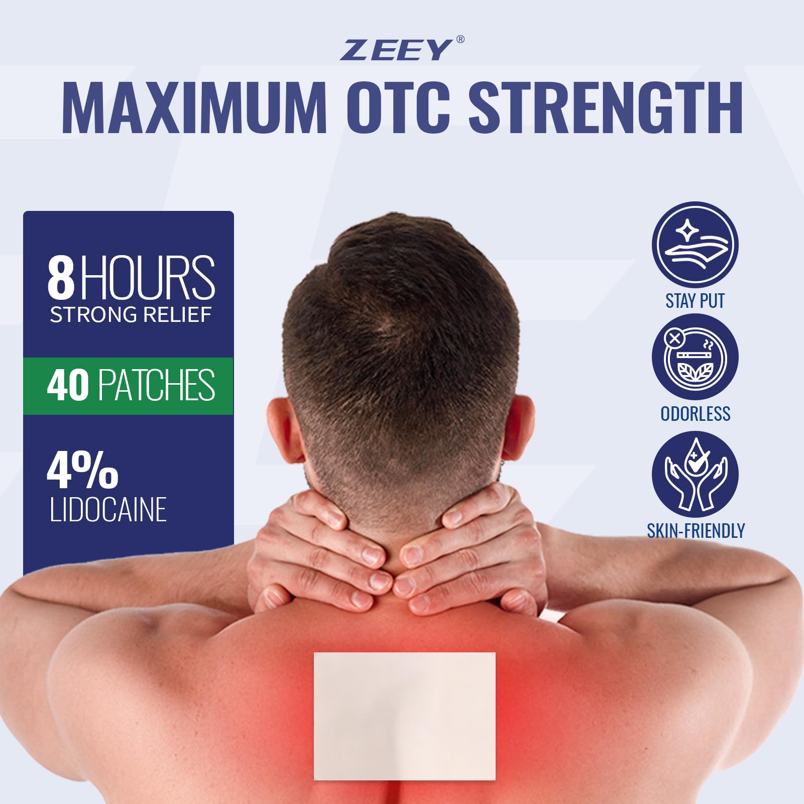 ZEEY 4% Lidocaine Pain Relief Patches, Maximum Strength OTC, for Back, Knee, Neck, Shoulders, Joints, Muscle Soreness, Fast Acting, Topical Anesthetic, Large Gel Patch, 5.5" x 3.94", 40Ct - TrustMedUSA
