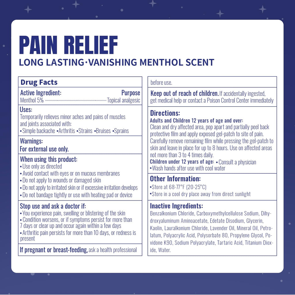 ZEEY 5% Menthol Overnight Pain Relief Patches, French Lavender Oil Pain Patch for Back, Knee, Neck, Shoulders, Joints, Muscle Soreness, Fast Acting, Topical Analgesic, Gel Patch, 3.94" x 2.76", 5Ct - TrustMedUSA