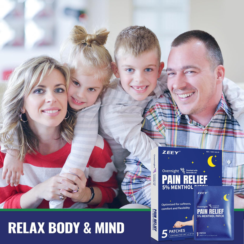 ZEEY 5% Menthol Overnight Pain Relief Patches, French Lavender Oil Pain Patch for Back, Knee, Neck, Shoulders, Joints, Muscle Soreness, Fast Acting, Topical Analgesic, Gel Patch, 3.94" x 2.76", 5Ct - TrustMedUSA