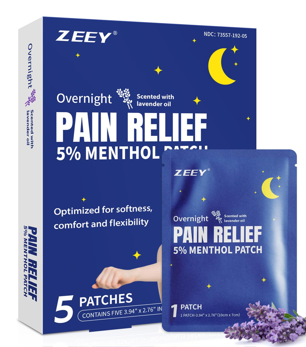 ZEEY 5% Menthol Overnight Pain Relief Patches, French Lavender Oil Pain Patch for Back, Knee, Neck, Shoulders, Joints, Muscle Soreness, Fast Acting, Topical Analgesic, Gel Patch, 3.94" x 2.76", 5Ct - TrustMedUSA