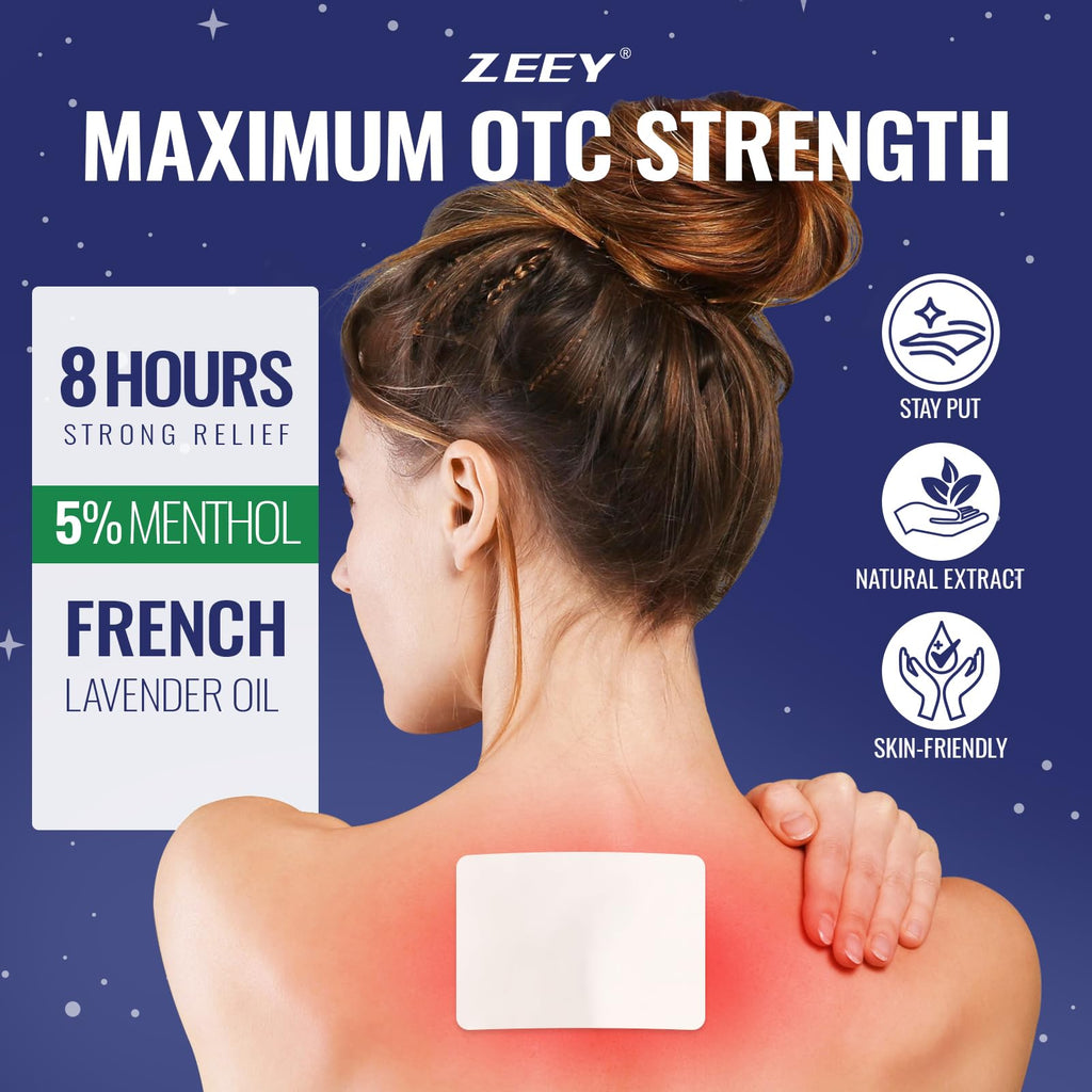 ZEEY 5% Menthol Overnight Pain Relief Patches, French Lavender Oil Pain Patch for Back, Knee, Neck, Shoulders, Joints, Muscle Soreness, Fast Acting, Topical Analgesic, Gel Patch, 3.94" x 2.76", 5Ct - TrustMedUSA