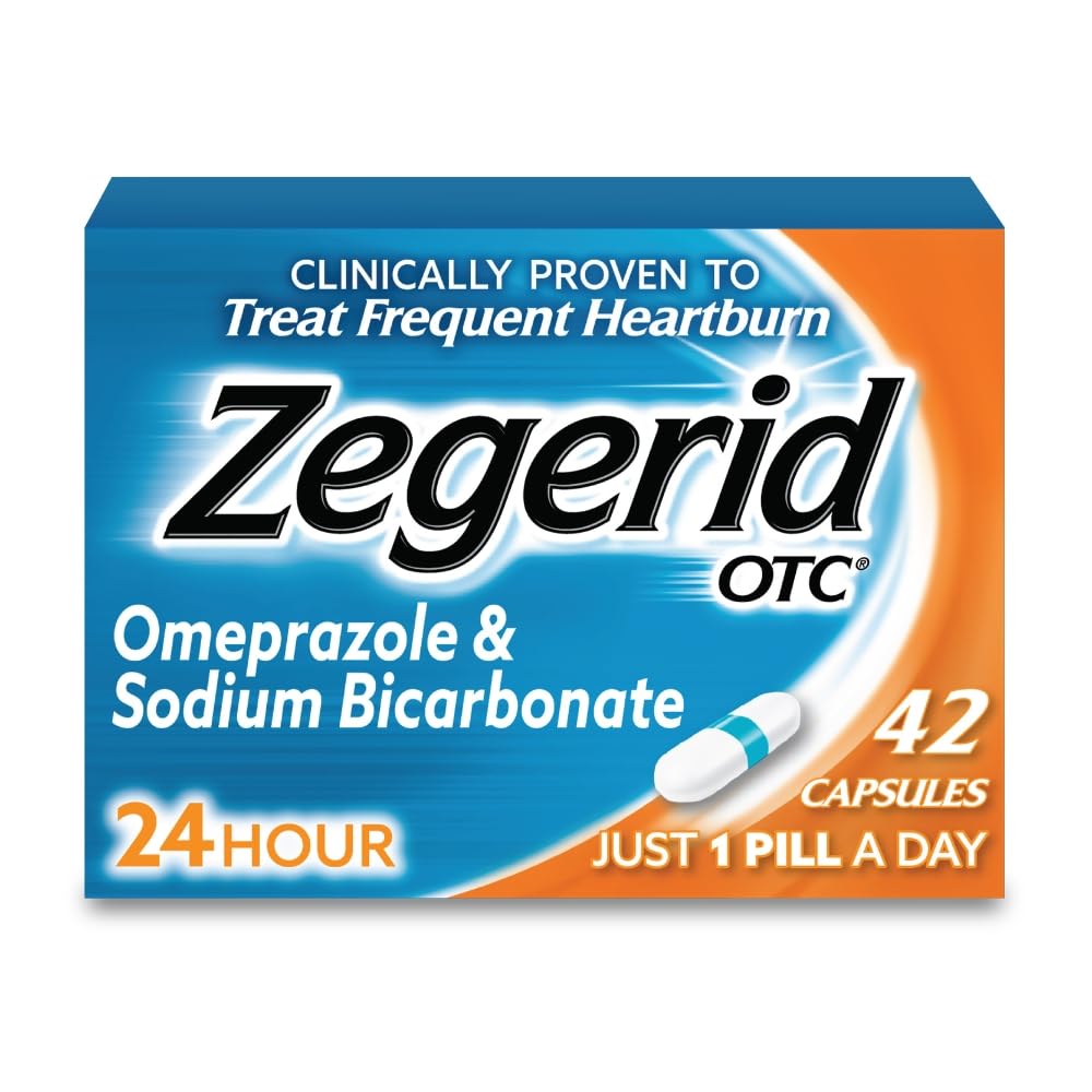 Zegerid OTC, 24-Hour Heartburn Relief, Acid Reflux Medicine and Antacid, Treats Frequent Heartburn, Omeprazole 20mg + Sodium Bicarbonate, Proton Pump Inhibitor (PPI), 42 Capsules - Maple Wellness Supplements