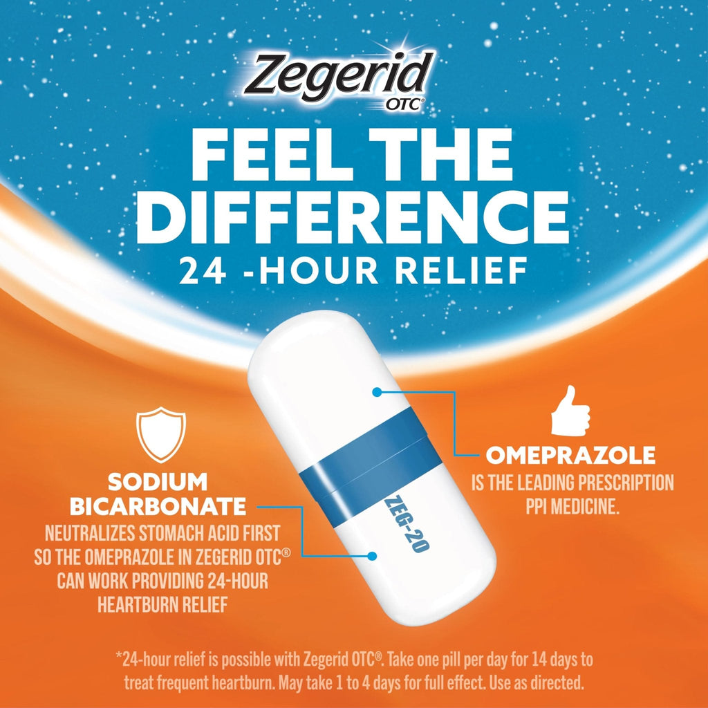 Zegerid OTC, 24-Hour Heartburn Relief, Acid Reflux Medicine and Antacid, Treats Frequent Heartburn, Omeprazole 20mg + Sodium Bicarbonate, Proton Pump Inhibitor (PPI), 42 Capsules - Maple Wellness Supplements