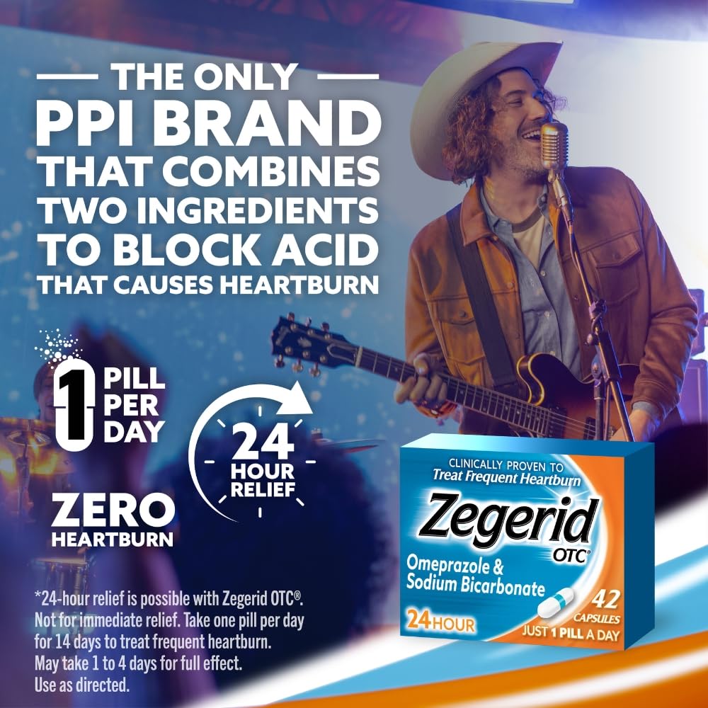 Zegerid OTC, 24-Hour Heartburn Relief, Acid Reflux Medicine and Antacid, Treats Frequent Heartburn, Omeprazole 20mg + Sodium Bicarbonate, Proton Pump Inhibitor (PPI), Two 42ct Cartons - Maple Wellness Supplements