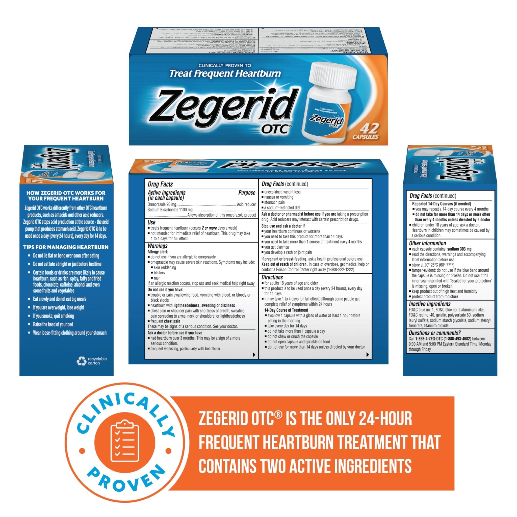 Zegerid OTC, 24-Hour Heartburn Relief, Acid Reflux Medicine and Antacid, Treats Frequent Heartburn, Omeprazole 20mg + Sodium Bicarbonate, Proton Pump Inhibitor (PPI), Two 42ct Cartons - Maple Wellness Supplements