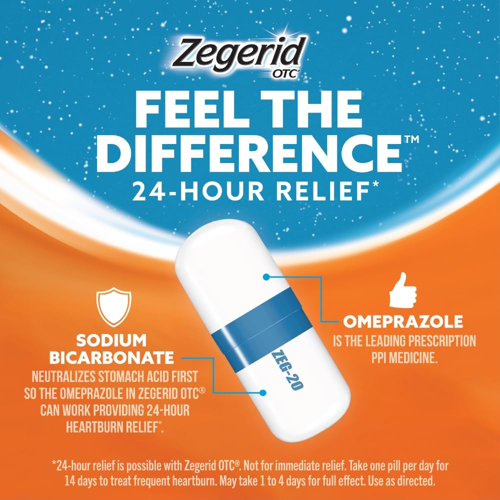 Zegerid OTC, 24-Hour Heartburn Relief, Acid Reflux Medicine and Antacid, Treats Frequent Heartburn, Omeprazole 20mg + Sodium Bicarbonate, Proton Pump Inhibitor (PPI), Two 42ct Cartons - Maple Wellness Supplements