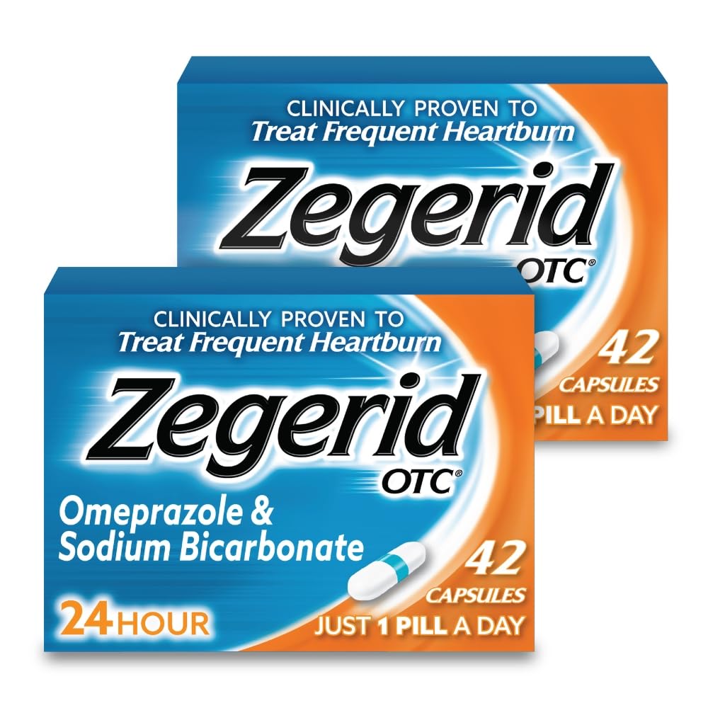 Zegerid OTC, 24-Hour Heartburn Relief, Acid Reflux Medicine and Antacid, Treats Frequent Heartburn, Omeprazole 20mg + Sodium Bicarbonate, Proton Pump Inhibitor (PPI), Two 42ct Cartons - Maple Wellness Supplements