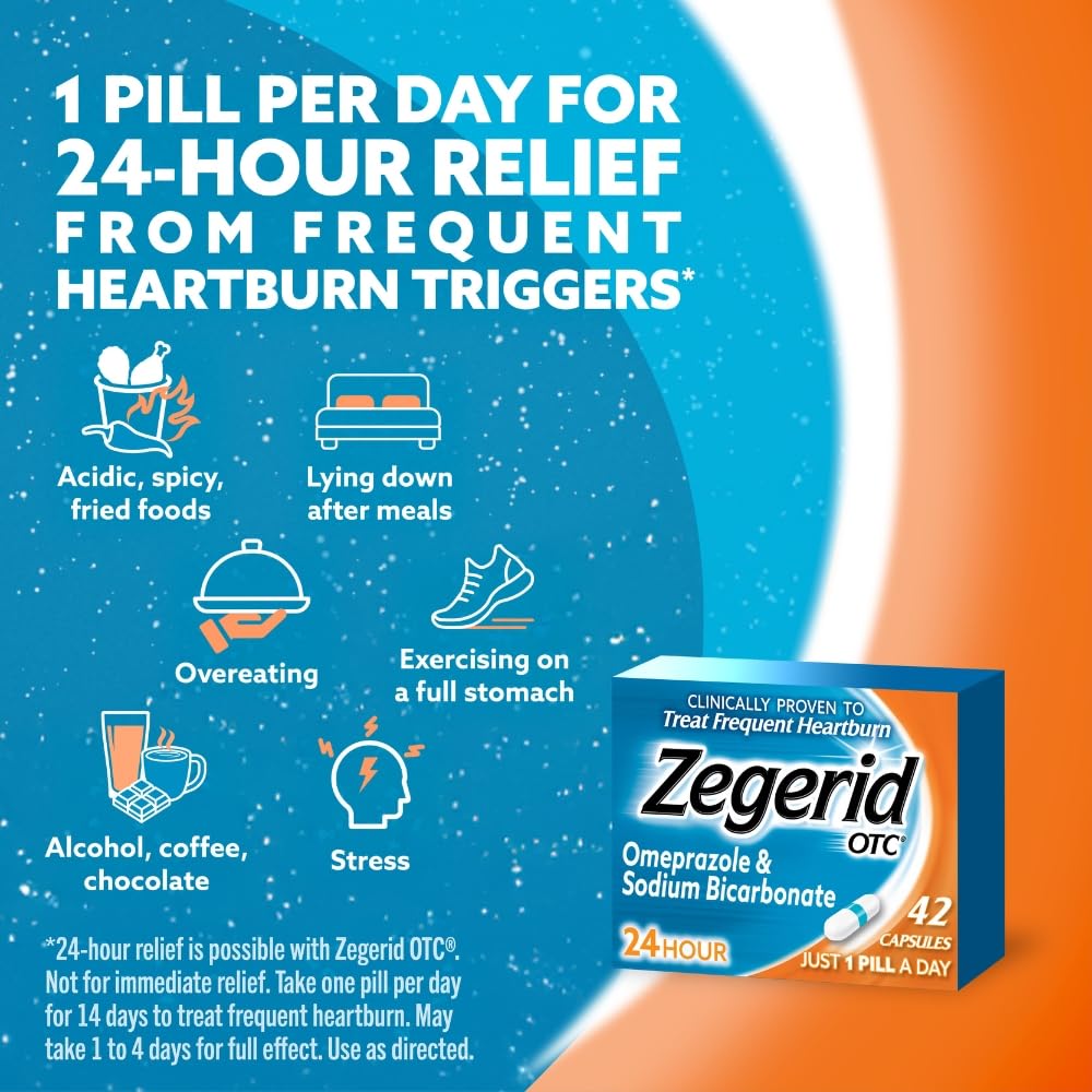 Zegerid OTC, 24-Hour Heartburn Relief, Acid Reflux Medicine and Antacid, Treats Frequent Heartburn, Omeprazole 20mg + Sodium Bicarbonate, Proton Pump Inhibitor (PPI), Two 42ct Cartons - Maple Wellness Supplements