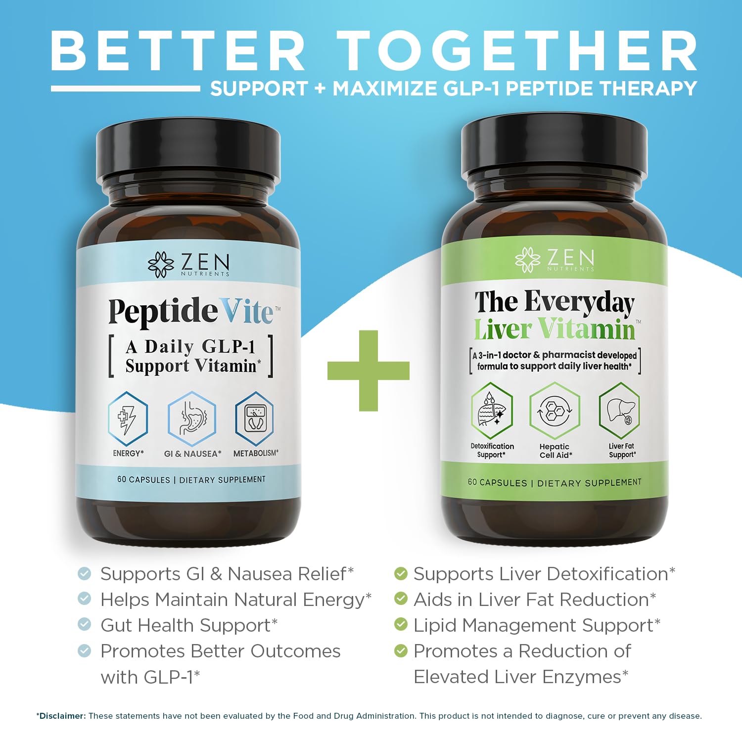 Zen Nutrients PeptideVite GLP-1 Support Vitamin for Gut Health with Probiotics, Bromelain, Chromium Picolinate & Organic Ginger (60 Capsules) - TrustMedUSA