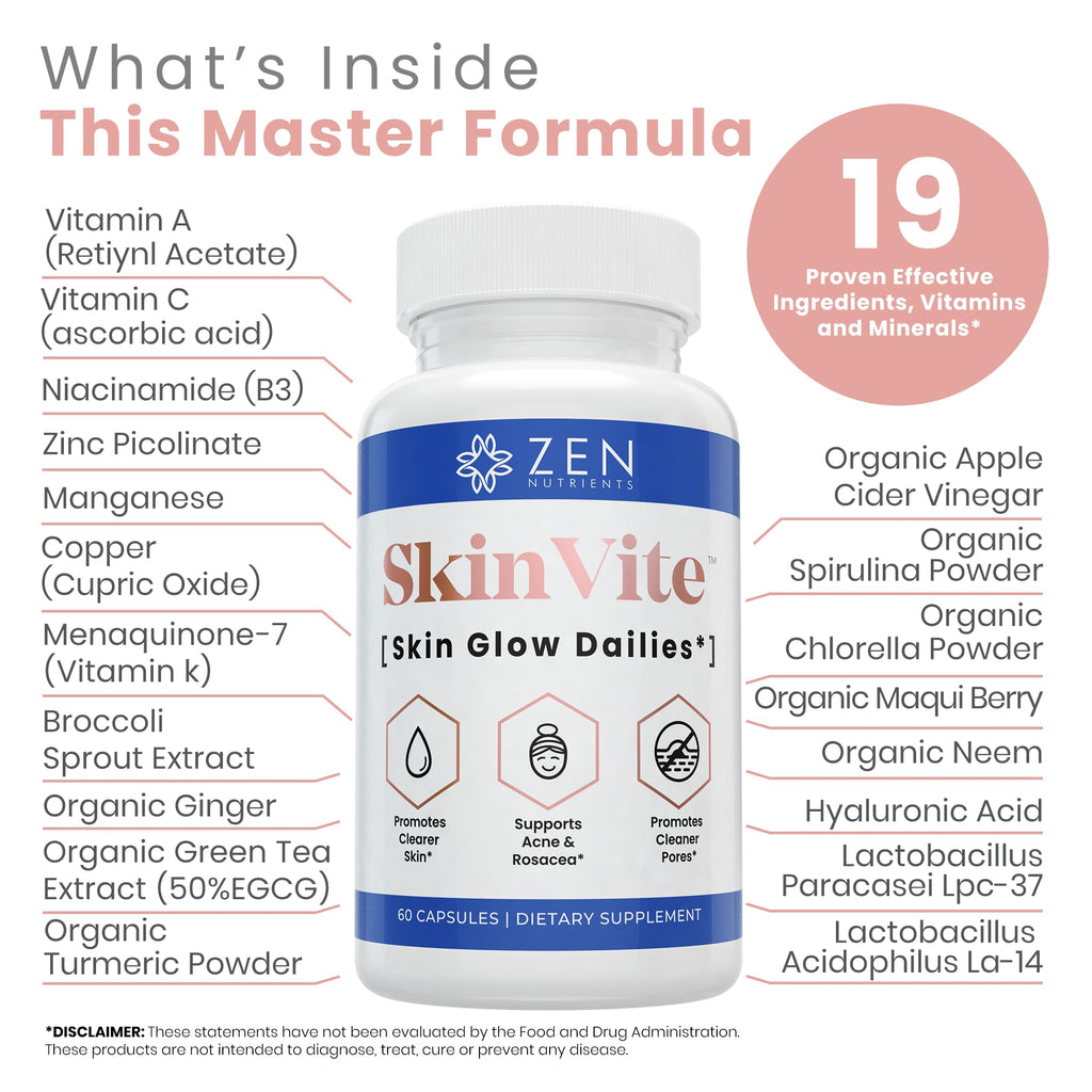 Zen Nutrients SkinVite Natural Skin Supplement for Women, Men & Teens - Hormonal Breakouts & Clear Skin Support Supplement - Detoxifying Vitamin for Acne and Digestion Support - TrustMedUSA