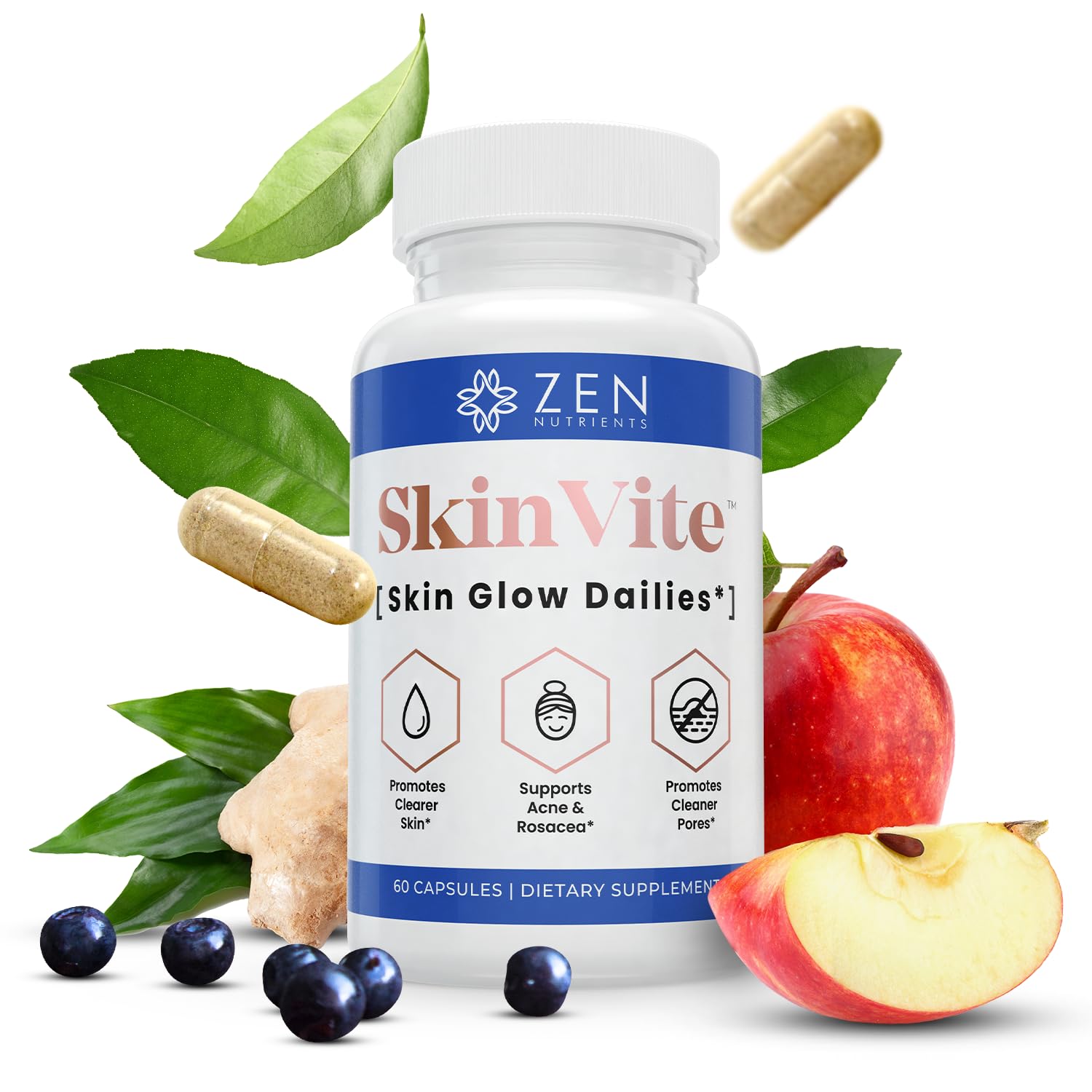 Zen Nutrients SkinVite Natural Skin Supplement for Women, Men & Teens - Hormonal Breakouts & Clear Skin Support Supplement - Detoxifying Vitamin for Acne and Digestion Support - TrustMedUSA