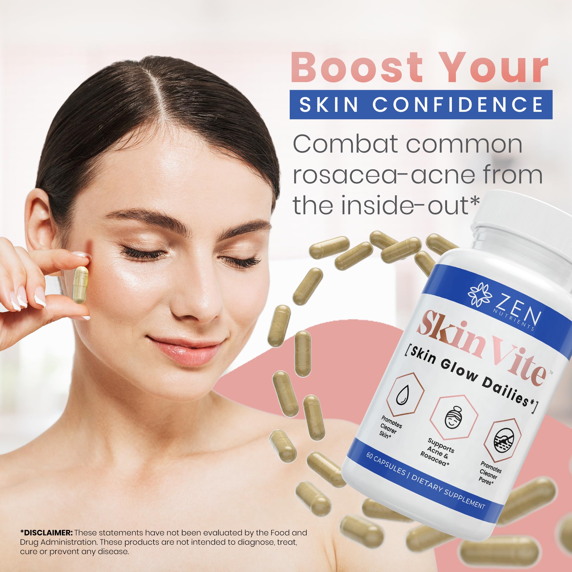 Zen Nutrients SkinVite Natural Skin Supplement for Women, Men & Teens - Hormonal Breakouts & Clear Skin Support Supplement - Detoxifying Vitamin for Acne and Digestion Support - TrustMedUSA
