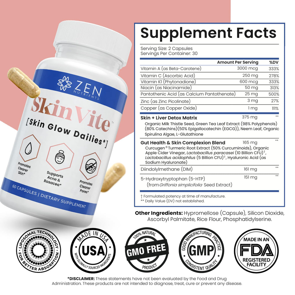 Zen Nutrients SkinVite Natural Skin Supplement for Women, Men & Teens - Hormonal Breakouts & Clear Skin Support Supplement - Detoxifying Vitamin for Acne and Digestion Support - TrustMedUSA