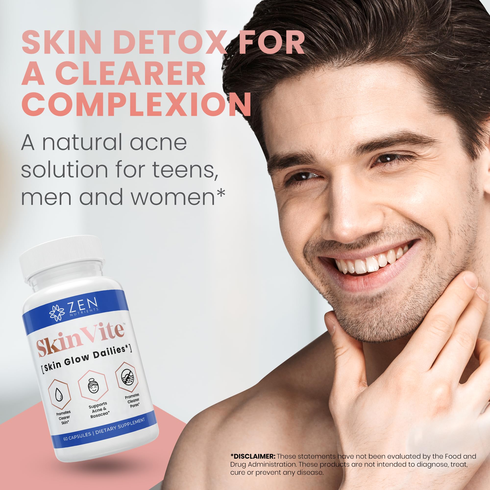 Zen Nutrients SkinVite Natural Skin Supplement for Women, Men & Teens - Hormonal Breakouts & Clear Skin Support Supplement - Detoxifying Vitamin for Acne and Digestion Support - TrustMedUSA