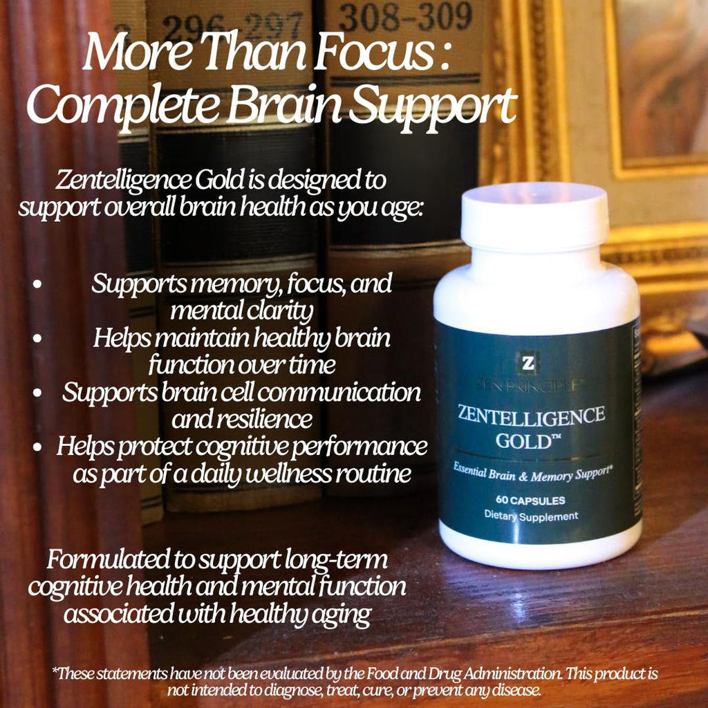 Zen Principle Zentelligence™ Gold Brain Supplement – Memory, Focus & Mental Clarity. Premium Cognitive Support for Adults 40+ with Magnesium, Vitamin D3, CoQ10, Vitamin B12 & L-Theanine. 60 Capsules - TrustMedUSA