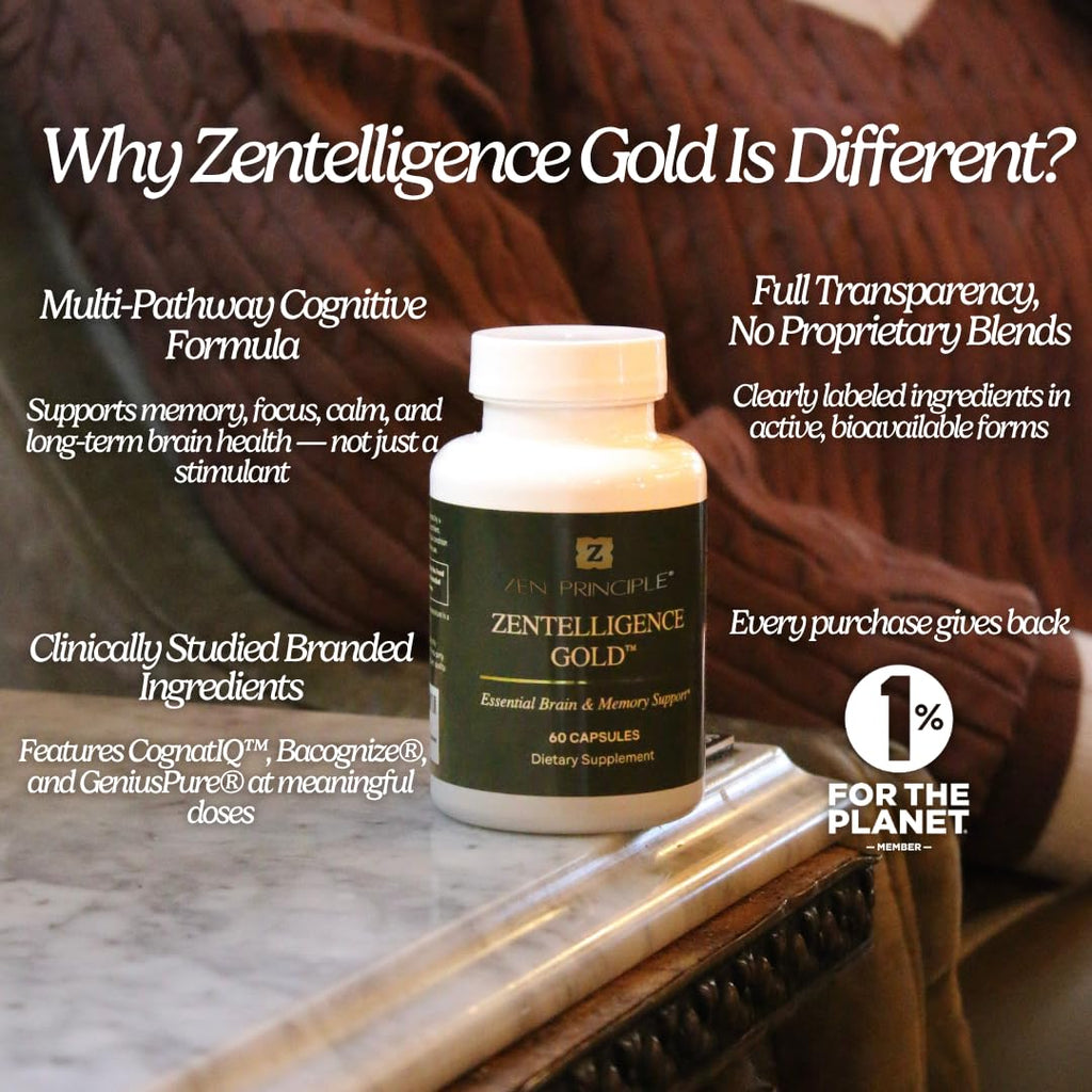 Zen Principle Zentelligence™ Gold Brain Supplement – Memory, Focus & Mental Clarity. Premium Cognitive Support for Adults 40+ with Magnesium, Vitamin D3, CoQ10, Vitamin B12 & L-Theanine. 60 Capsules - TrustMedUSA