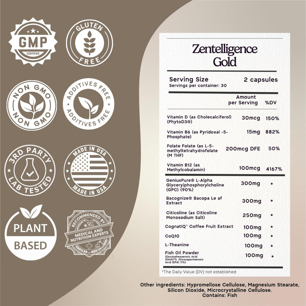 Zen Principle Zentelligence™ Gold Brain Supplement – Memory, Focus & Mental Clarity. Premium Cognitive Support for Adults 40+ with Magnesium, Vitamin D3, CoQ10, Vitamin B12 & L-Theanine. 60 Capsules - TrustMedUSA