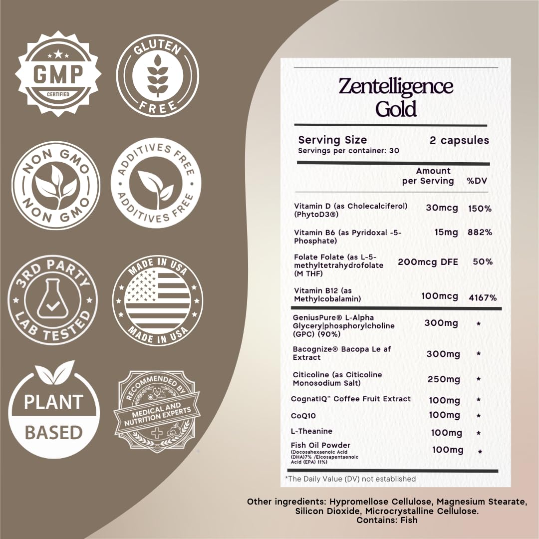 Zen Principle Zentelligence™ Gold Brain Supplement – Memory, Focus & Mental Clarity. Premium Cognitive Support for Adults 40+ with Magnesium, Vitamin D3, CoQ10, Vitamin B12 & L-Theanine. 60 Capsules - TrustMedUSA
