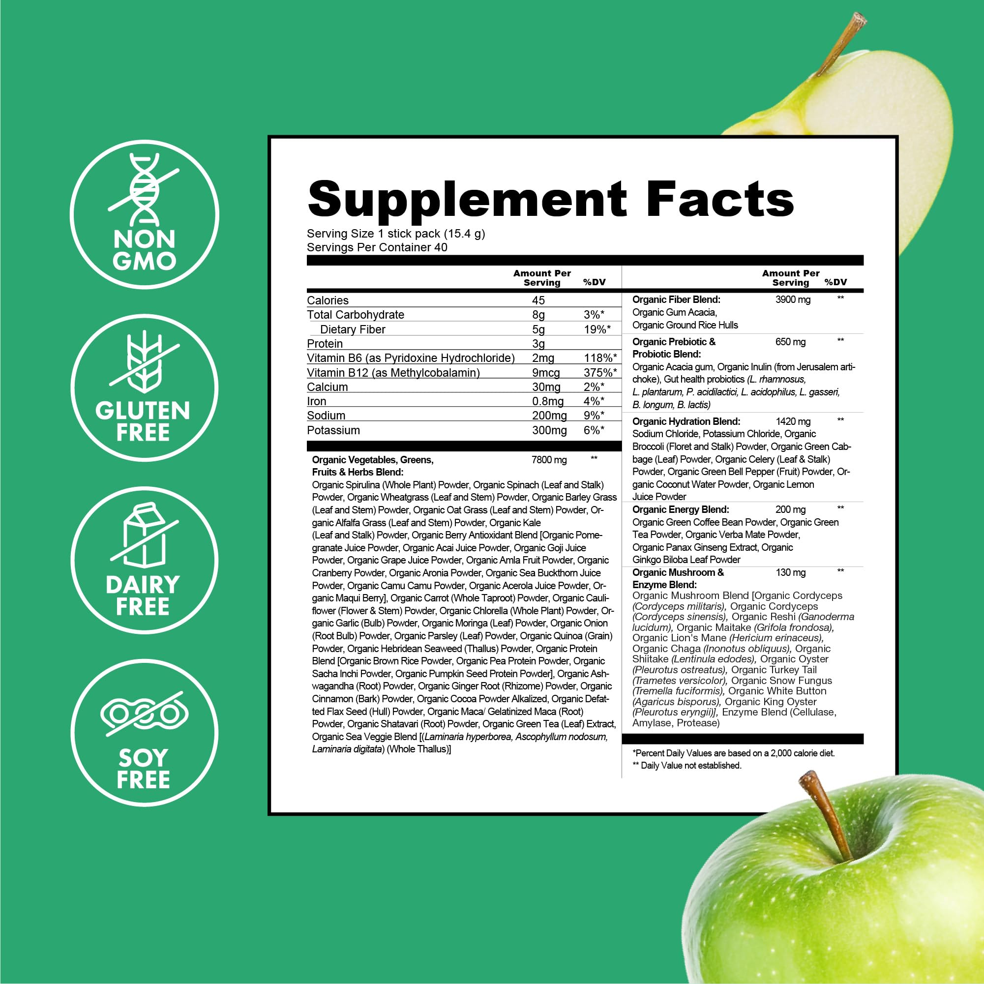 Zena Nutrition Organic Super Greens Energy & Hydration Powder, 70+ Superfoods, 0 Sugar, 5G Fiber, Spirulina, Chlorella, Prebiotics/Probiotics, Natural Caffeine + Electrolytes, 40 Drink Mix Packets - TrustMedUSA