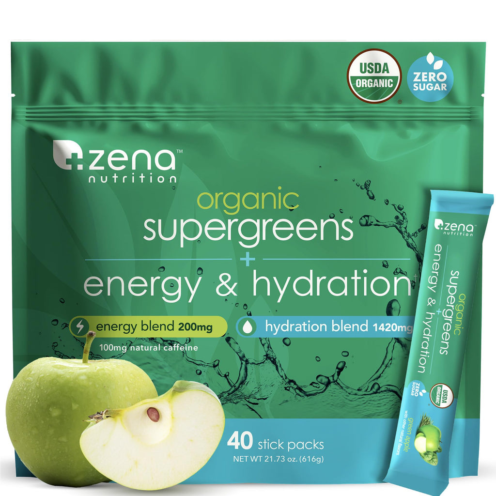 Zena Nutrition Organic Super Greens Energy & Hydration Powder, 70+ Superfoods, 0 Sugar, 5G Fiber, Spirulina, Chlorella, Prebiotics/Probiotics, Natural Caffeine + Electrolytes, 40 Drink Mix Packets - TrustMedUSA