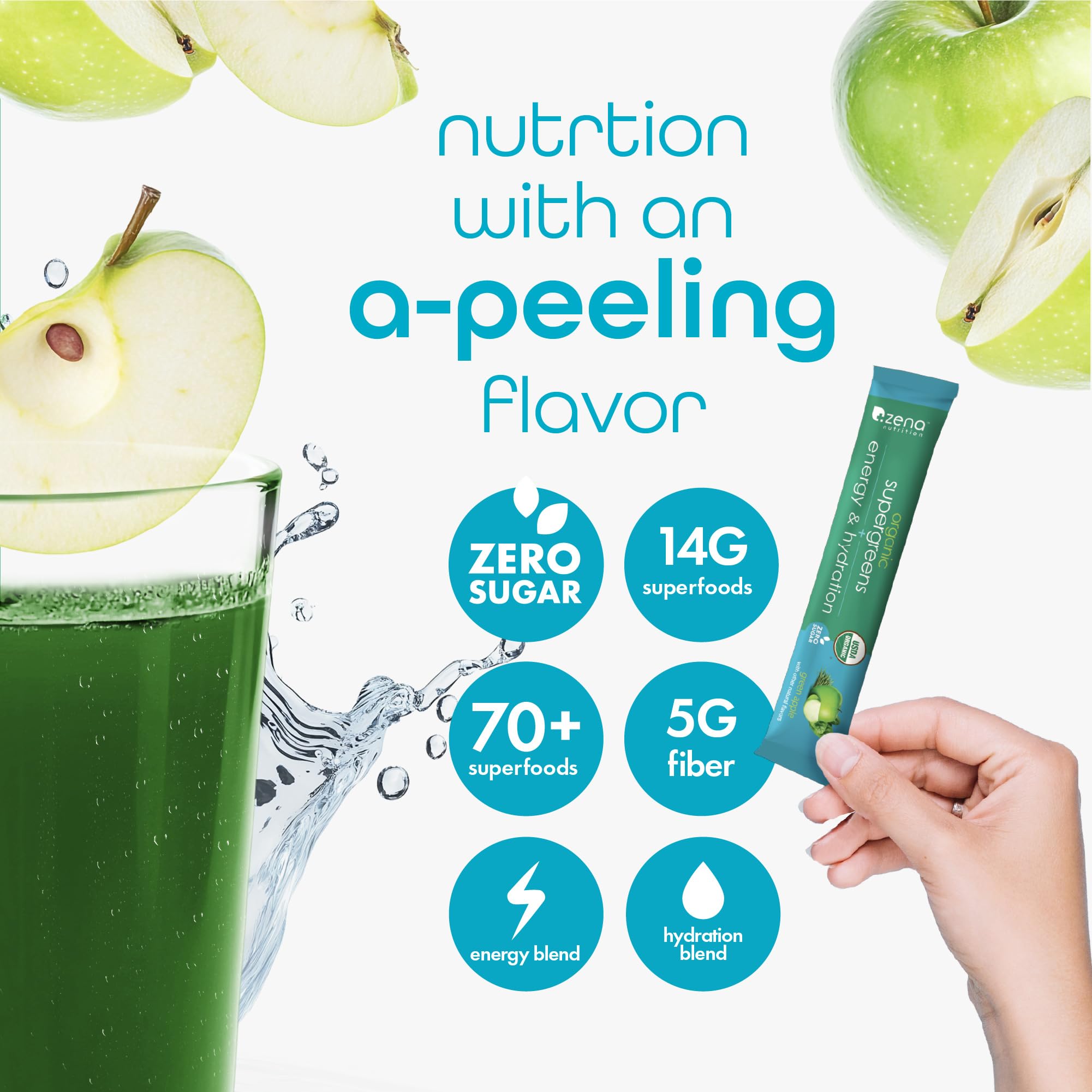 Zena Nutrition Organic Super Greens Energy & Hydration Powder, 70+ Superfoods, 0 Sugar, 5G Fiber, Spirulina, Chlorella, Prebiotics/Probiotics, Natural Caffeine + Electrolytes, 40 Drink Mix Packets - TrustMedUSA