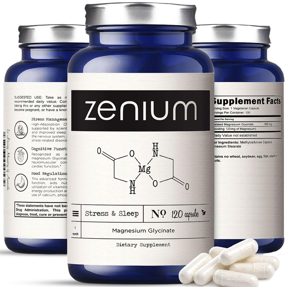 Zenium - Magnesium Glycinate for Sleep, Chelated, 600mg per Serving, 120 Capsules | High Absorption | Relieve Tension, Worry, Nervousness | Calm The Mind & Body | Ayurvedic | Natural Relief Supplement - TrustMedUSA
