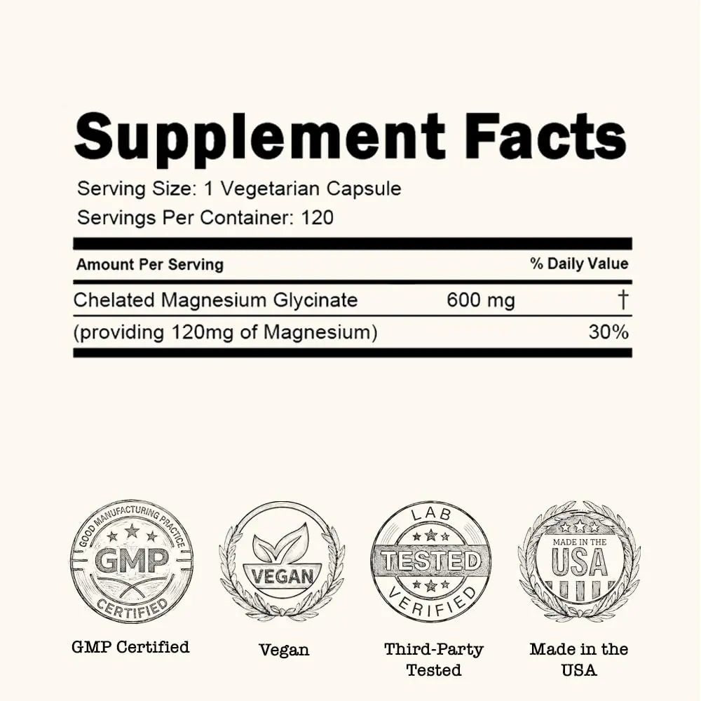 Zenium - Magnesium Glycinate for Sleep, Chelated, 600mg per Serving, 120 Capsules | High Absorption | Relieve Tension, Worry, Nervousness | Calm The Mind & Body | Ayurvedic | Natural Relief Supplement - TrustMedUSA