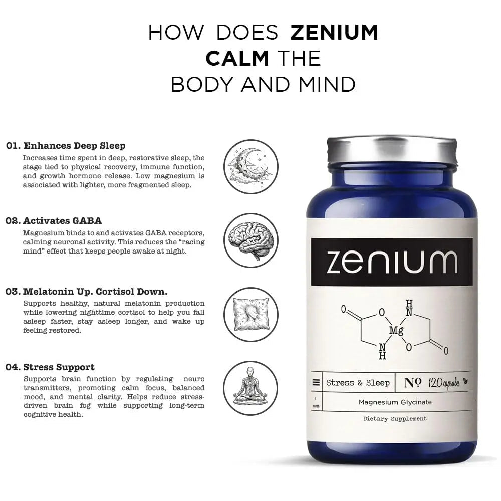 Zenium - Magnesium Glycinate for Sleep, Chelated, 600mg per Serving, 120 Capsules | High Absorption | Relieve Tension, Worry, Nervousness | Calm The Mind & Body | Ayurvedic | Natural Relief Supplement - TrustMedUSA