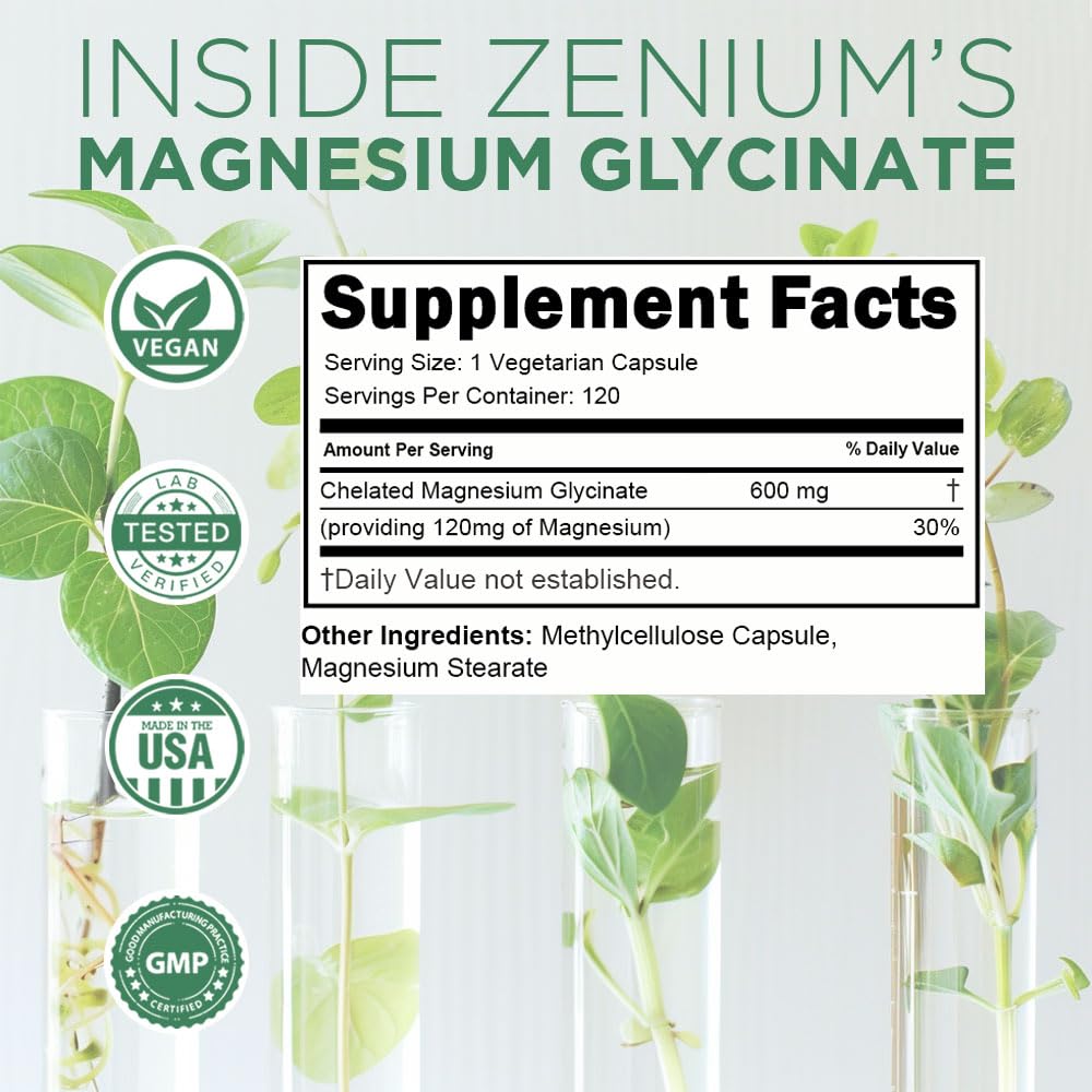 Zenium - Magnesium Glycinate for Sleep, Chelated, 600mg per Serving, 120 Capsules | High Absorption | Relieve Tension, Worry, Nervousness | Calm The Mind & Body | Ayurvedic | Natural Relief Supplement - TrustMedUSA