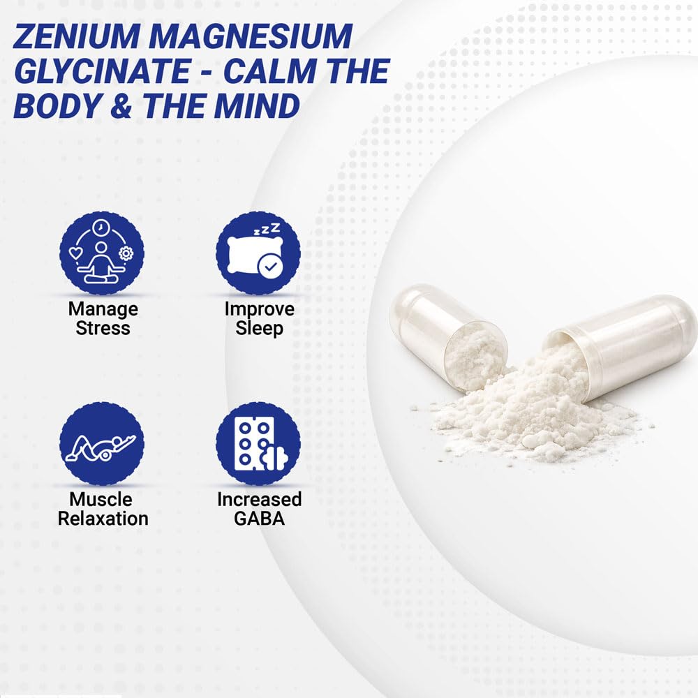 Zenium - Magnesium Glycinate for Sleep, Chelated, 600mg per Serving, 120 Capsules | High Absorption | Relieve Tension, Worry, Nervousness | Calm The Mind & Body | Ayurvedic | Natural Relief Supplement - TrustMedUSA