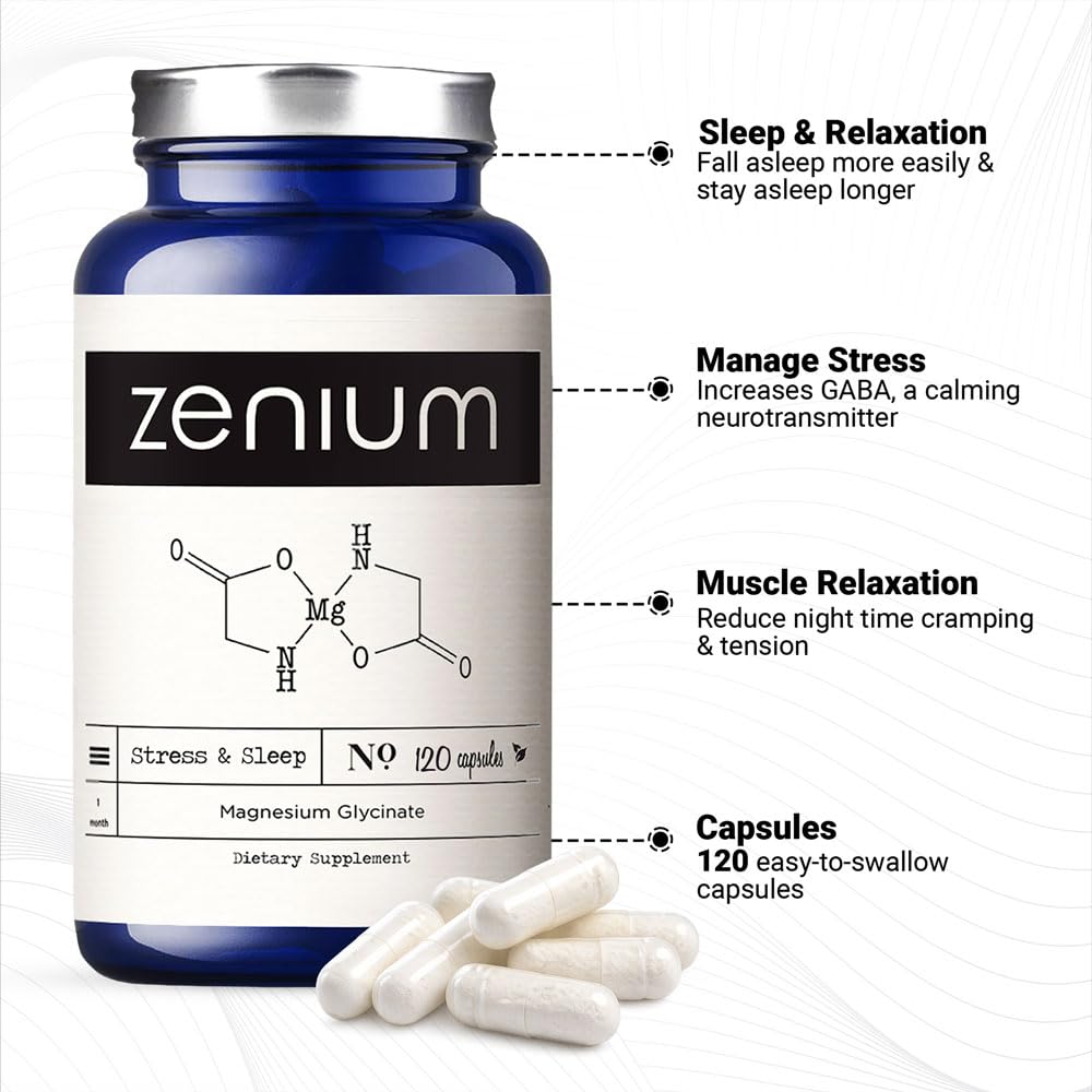Zenium - Magnesium Glycinate for Sleep, Chelated, 600mg per Serving, 120 Capsules | High Absorption | Relieve Tension, Worry, Nervousness | Calm The Mind & Body | Ayurvedic | Natural Relief Supplement - TrustMedUSA
